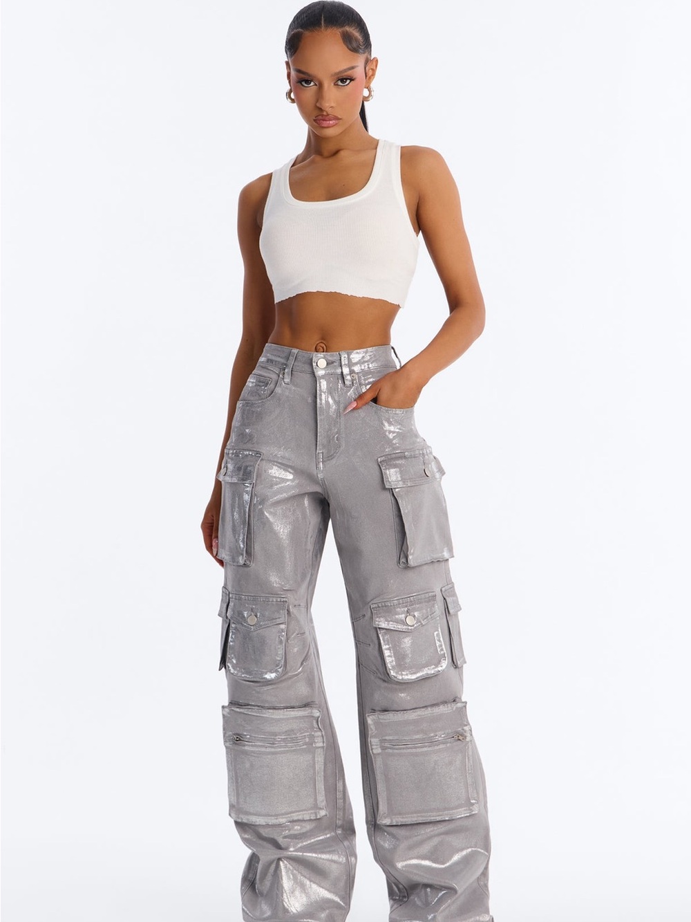 NWT Fashion Nova Time To Shine Foil Baggy Cargo Jeans Silver Metallic Size 9